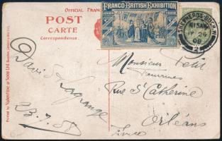 1908 London, a Franco-British Exhibition levélzárója futott képeslapon, ami képes oldalán a kiállítást ábrázolja