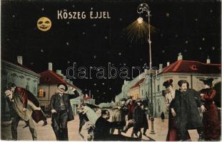 1918 Kőszeg, Éjjeli humoros montázs részeg férfiakkal, Kopfstein üzlete. Róth Jenő kiadása