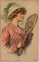 Victoria / Lady art postcard, tennis. R.C. Co. 1443. s: Clarence F. Underwood (EK)
