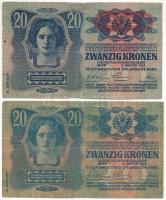 1913. 20K II. kiadás, piros "MAGYARORSZÁG" felülbélyegzéssel + 1913. 20K II. kiadás, feket...