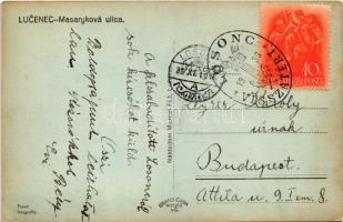 1938 Losonc, Lucenec; Masaryková ulica / Masaryk utca Engel, Hegyi, Salgó üzlete / street view, shop...