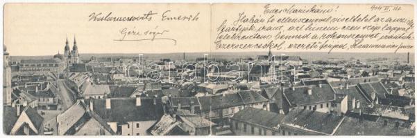 1904 Nagyszombat, Tyrnau, Trnava; látkép, zsinagóga. 2-részes kihajtható panorámalap / general view with synagogue. 2-tiled folding panoramacard (hajtásnál szakadt / torn at fold)