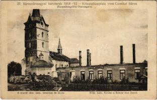 Zboró, Zborov; Római katolikus templom és iskola, romok. 27. Sárosvármegyei harcterek 1914-15. D.K.F.E. Friedmann József kiadása / Röm. kath. Kirche und Schule, Kriegschauplatz vom Comitat Sáros / WWI destroyed church and school, ruins (fl)