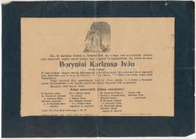 1948 Boryniai Karleusa Iván tüzér őrnagy, az erdélyi és a délvidéki bevonulásban részvevő tiszt halálozási értesítője, lapszéli sérülésekkel, 9x13 cm