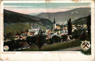 Szomolnok, Schmölnitz, Smolník; bányaváros látképe. Feitzinger Ede 1902/12. 443. Auto-Chrom / Panorama der Bergstadt Schmöllnitz / general view, coat of arms (lyuk / hole)