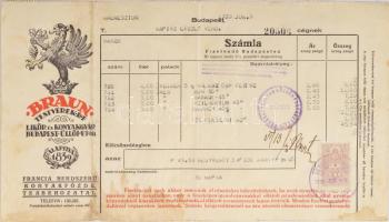 1939 Braun Testvérek Rt. Likőr és Konyakgyár fejléces számlája okmánybélyeggel