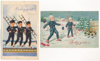 2 db RÉGI újévi üdvözlő képeslap kéményseprőkkel / 2 pre-1945 New Year greeting postcards with chimney sweepers