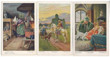 3 db RÉGI művészlap: Grimm testvérek mese képeslapok / 3 pre-1945 art postcards: Grimms Fairy Tales