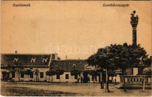 Celldömölk, Szentháromság tér és szobor, üzletek, Schicht szappan reklám. Vasúti levelezőlapárusítás 7. 1918 ( EB)