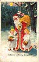 Kellemes karácsonyi ünnepeket! Mikulás angyalkákkal / 1933 Christmas greeting, Saint Nicholas and angels, litho (EK)