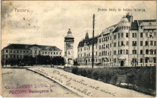 1907 Pozsony, Pressburg, Bratislava; András király tér, Hidász laktanya. Pressburger Mihály kiadása / square, K.u.K. military pontooner barracks (fl)