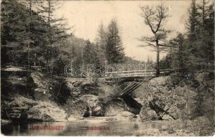 1908 Barlangliget, Höhlenhain, Tatranská Kotlina (Tátra, Magas Tátra, Vysoké Tatry); Landoki híd. Feitzinger Ede kitüntetett műkiadása 111. / wooden bridge by Lendak (EK)