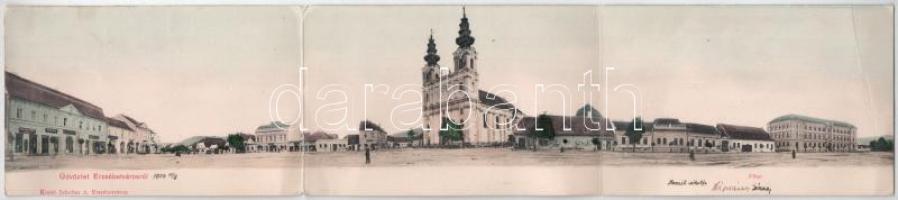 1904 Erzsébetváros, Dumbraveni; Fő tér, Marton György, Balogh Károly, Szentpétery K. üzlete, templom. Scholtes A. kiadása. 3-részes kihajtható panorámalap / main square, shops, church. 3-tiled folding panoramacard (hajtásnál szakadt / torn at fold)