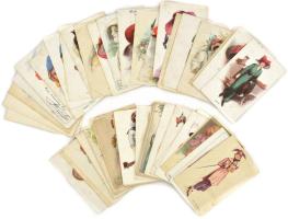 48 szignós művészlap: hölgyek, párok, divat, ragyogás / 48 artist signed cards, ladies, couples, gla...