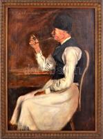 Bachmann Károly (1874 - 1924): Pipázó. Olaj, vászon, dekoratív fakeretben, 70x54 cm