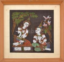 Indonéz festett vászon kép, üvegezett léckeretben, 27,5x27,5cm