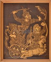 Indonéz arany nyomott vászon kép, üvegezett léckeretben, 43,5x41cm