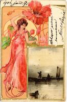 1901 Szecessziós, dombornyomott litho hölgy / Art Nouveau, embossed lady, litho. Edgar Schmidt Serie 8072. (EB)