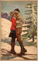 Olasz művészlap síelő szerelmespárral / Italian art postcard, skiing couple in winter, sport. 276-1. s: Mauzan