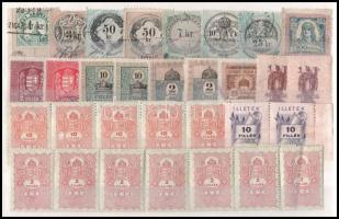 1870-1952 33 db okirati illetékbélyeg és forgalmi adó bélyeg, közte 5-ös és 9-es csík