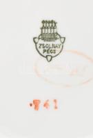 3 db Zsolnay teás kínáló, matricás porcelán, jelzett, kopott, m: 13-17 cm