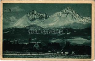 1926 Tátra, Magas-Tátra, Vysoké Tatry; Koncistá a Gerlachovka od Popradu (teleobj.) / Koncsiszta és Gerlachfalvi-csúcs Poprádról / mountain peaks (EK)