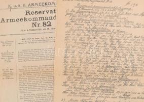 1918 Székesfehérvári k.u.k. 10. huszárezred okmányai: harctéri jelentések, parancsok, kézzel rajzolt...