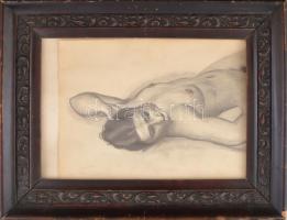 Polczer Elvi jelzéssel: Fekvő női akt. Ceruza, papír. Dekoratív, üvegezett fakeretben, 22,5×31 cm.