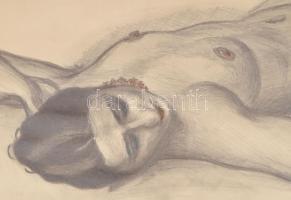 Polczer Elvi jelzéssel: Fekvő női akt. Ceruza, papír. Dekoratív, üvegezett fakeretben, 22,5×31 cm