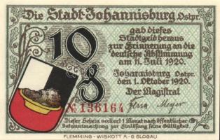 Német Birodalom / Weimari Köztársaság / Johannisburg 1920. 5Pf + 10Pf + 25Pf + 50Pf 4klf db, teljes ...