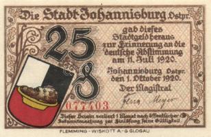 Német Birodalom / Weimari Köztársaság / Johannisburg 1920. 5Pf + 10Pf + 25Pf + 50Pf 4klf db, teljes ...