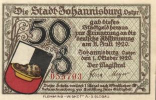 Német Birodalom / Weimari Köztársaság / Johannisburg 1920. 5Pf + 10Pf + 25Pf + 50Pf 4klf db, teljes ...