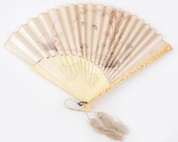 Kínai legyező. nagy méretű, faragott csont és kézzel festett selyem. Egyedi, kézzel festett, lakkozo...