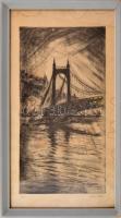 Szőnyi István (1894-1960): A régi Erzsébet-híd. Rézkarc, papír, jelzett, foltos, kissé sérült. Üvegezett fakeretben. 47x27 cm