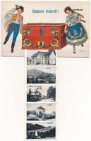 Volóc, Volovec, Volovets; magyar népviseletes leporellolap 10 képpel, belül vasútállomás, iskola, Ha...