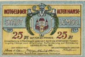 Német Birodalom / Weimari Köztársaság / Lemgo 1921. 10Pf + 25Pf + 50Pf 3klf db, teljes sor T:I