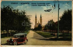 Zombor, Sombor; Vojvode Stepanovica Venac / utca, automobil, templom, repülőgép / street view, automobile, church, aircraft + 1941 Zombor visszatért So. Stpl. (szakadás / tear)