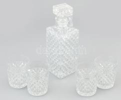 Retró 4 személyes, viszkis készlet, öntött üveg, kopásnyomokkal, m: 9-25 cm