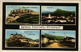 1929 Szepesváralja, Spisské Podhradie; Spissky hrad, Panorama, Hlavná ul. / Szepes vára, látkép, Fő utca, a vár 1720-ban. Emerich Schustek kiadása / castle ruins, general view, main street, the castle in 1720 (EK)