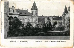 1905 Pozsony, Pressburg, Bratislava; Újtelep és evangélikus líceum. Duschinsky G. kiadása / Neustift und ev. Liceum / Lutheran school, villa (EM)
