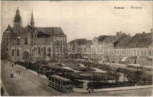 1915 Kassa, Kosice; Fő utca, villamos, székesegyház. Özv. Bodnár Ferencné kiadása / main street, tram, cathedral (EB)