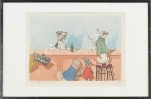 Boris OKlein (1893-1985): Je vous offre mon coeur (Felajánlom neked a szívem!) Karikatúra. Litográfia, papír, jelzett, üvegezett fakeretben. 24x32cm