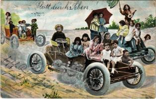 Children art postcard, montage with automobiles (EK)