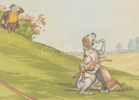 Boris O'Klein (1893-1985): Síró kutya a nyúllal. Karikatúra. Litográfia, papír, jelzés nélkül. ...