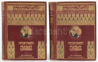 [Hedin, Sven (1865-1952)] Sven Hedin: Ázsia szívében I-II. kötet. Tízezer kilométernyi úttalan utazás. Fordította: Dr. Thirring Gusztáv. Képekkel és térképekkel. Magyar Földrajzi Társaság Könyvtára. Bp.,1906, Lampel R. (Wodianer F. és Fiai) Rt., 1 (címkép) t.+8+214+2 p.+16 t. + 1 (kihajtható, színes térkép: Belső-Ázsia térképe, rajzolta: Reithofer Károly, 1: 4,000,000, Bp., Franklin, szakadt, 46x60 cm.); 4+270+2 p. +16 t. Gazdag egészoldalas és szövegközti fekete-fehér fotókkal illusztrálva. Kiadói dúsan aranyozott egészvászon sorozatkötésben, márványozott lapélekkel, a borítón kopásnyomokkal, a II. kötetben az elülső szennylap kijár, 1 tábla kijár.