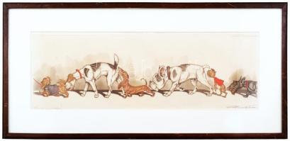 Boris OKlein (1893-1985): Kutyasor. (Tacskó, Foxi, Buldog, Skót terrier stb.) Karikatúra. Színezett rézkarc, papír, jelzett. Fakeretben. 14x43cm