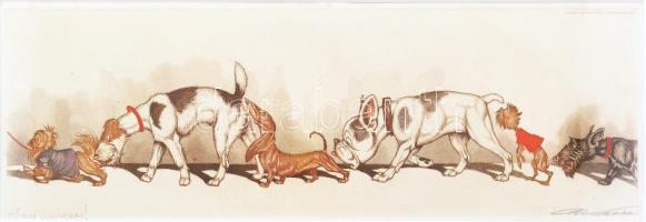 Boris O'Klein (1893-1985): Kutyasor. (Tacskó, Foxi, Buldog, Skót terrier stb.) Karikatúra. Szín...