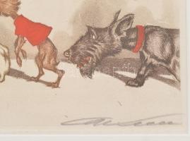Boris O'Klein (1893-1985): Kutyasor. (Tacskó, Foxi, Buldog, Skót terrier stb.) Karikatúra. Szín...