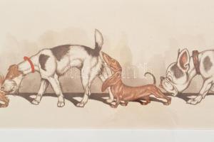 Boris O'Klein (1893-1985): Kutyasor. (Tacskó, Foxi, Buldog, Skót terrier stb.) Karikatúra. Szín...