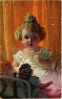 Children art postcard, girl with doll (EK)